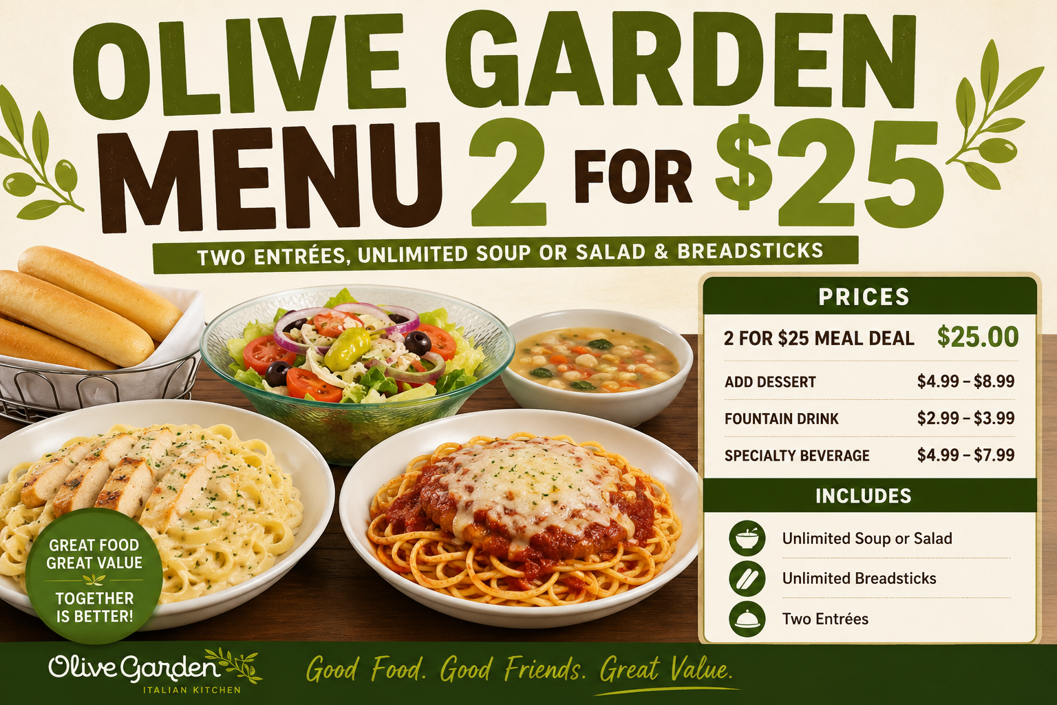  Olive Garden Menu 2 for $25